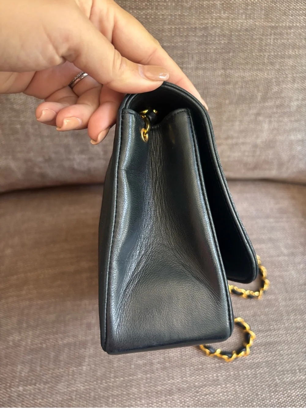 Authentic CHANEL Rare 24k gold black lambskin leather Diana bag